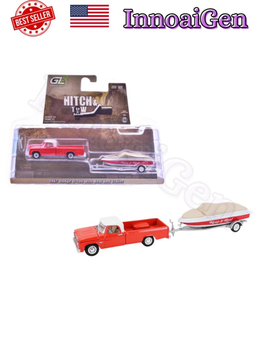GreenLight Hitch & Tow Series 33 1967 Dodge D-100 with Boat & Trailer Die-Cast